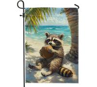 Bandiera estiva da giardino con procione sulla spiaggia, graziosa decorazione marrone in cocco per prato all'aperto, striscione in iuta da caffè su entrambi i lati per feste di vacanza 30,5 x 45,7 cm