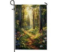 Bandiera estiva da giardino con sentiero del bosco, fiori colorati in fiore per esterni, bandiera su entrambi i lati, vibrante bandiera da cortile per gli amanti della natura, decorazione del prato