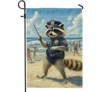 Bandiera estiva da giardino della polizia di procione sulla spiaggia, bandiera blu con animali oceanici, bandiera a doppia faccia in poliestere decorazione per prato 30,5 x 45,7 cm