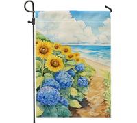 Bandiera estiva da giardino floreale da spiaggia, girasoli gialli e ortensie blu, striscione decorativo per la casa, bandiera da giardino in iuta su entrambi i lati, decorazione per esterni, 30,5 x