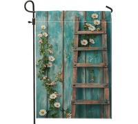 Bandiera estiva da giardino floreale, scala in legno blu con margherite, striscione decorativo per la casa, bandiera da cortile su entrambi i lati per decorazione esterna del prato 30,5 x 45,7 cm