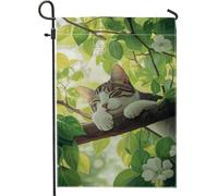Bandiera estiva da giardino, gatto soriano addormentato tra le foglie, decorazione per esterni, bandiera in iuta stampata su entrambi i lati per la decorazione del prato, bandiera floreale da cortile