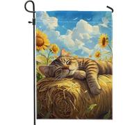 Bandiera estiva da giardino, gatto soriano felice che dorme sul fieno con girasoli decorazione per esterni, bandiera animale in iuta su entrambi i lati, graziosa decorazione per prato, regalo per