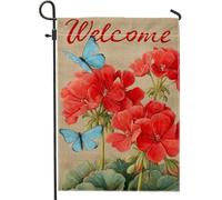 Bandiera estiva da giardino, gerani rossi e farfalle blu, decorazione per esterni, striscione in iuta su entrambi i lati, decorazione stagionale per casa e giardino, 30,5 x 45,7 cm