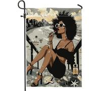Bandiera estiva da giardino in stile retrò, scena da spiaggia con donna nera, tramonto città, scena chic alla moda, bandiera da giardino arte urbana per decorazione per feste all'aperto, 30,5 x 45,7