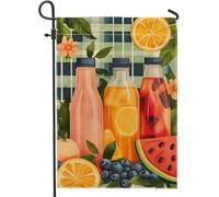 Bandiera estiva da giardino per bevande di frutta, bottiglie di succo colorate e frutta fresca, striscione decorativo per esterni, bandiera da giardino in tessuto su entrambi i lati, per decorazione