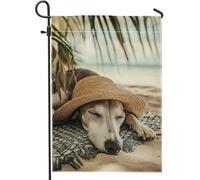 Bandiera estiva da giardino per cani da spiaggia, cane marrone con cappello di paglia, bandiere decorative da giardino, decorazione da giardino su entrambi i lati, per gli amanti degli animali, 30,5 x