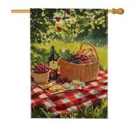 Bandiera estiva da giardino per picnic, tovaglia a scacchi rossi con uva e vino, decorazione per esterni, decorazione per feste su entrambi i lati, per feste sul prato, 71 x 101 cm