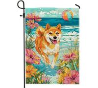 Bandiera estiva da giardino Shiba, decorazione da spiaggia con cane arancione vivace, striscione in iuta su entrambi i lati, decorazione per prato all'aperto per gli amanti degli animali, 30,5 x 45,7