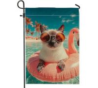 Bandiera estiva da giardino, simpatico gatto siamese con occhiali da sole e uccello tropicale, striscione decorativo per la casa, bandiera da giardino in iuta su entrambi i lati, decorazione per