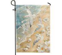 Bandiera estiva da giardino sul mare, gabbiani e conchiglie da spiaggia blu, decorazione per esterni, bandiera da cortile in iuta su entrambi i lati per la decorazione del prato 30,5 x 45,7 cm