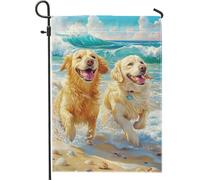 Bandiera estiva da giardino sulla spiaggia, Happy Golden Retrievers che gioca vicino all'oceano, striscione decorativo per la casa su entrambi i lati, perfetto per la decorazione del prato all'aperto