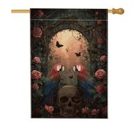 Bandiera estiva da giardino tropicale con pappagallo, rose rosse e farfalle, decorazione per esterni, striscione in iuta su entrambi i lati per decorazione per feste sul prato, 71 x 101 cm