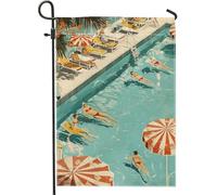 Bandiera estiva da giardino vintage a bordo piscina, decorazioni per nuoto in acqua con bagnanti, striscione su entrambi i lati per patio per esterni decorazione prato 30,5 x 45,7 cm