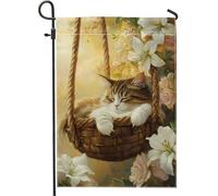 Bandiera estiva floreale da giardino, gattino che dorme, decorazione per la casa, decorazione per cortile, doppia faccia in iuta per uso esterno, 30,5 x 45,7 cm