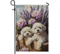 Bandiera estiva floreale da giardino, lavanda e pesca, peonia, cucciolo, decorazione per la casa, bandiera su entrambi i lati in iuta per cortile, decorazione per prato esterno, 30,5 x 45,7 cm