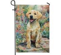 Bandiera estiva floreale da giardino per cani, bandiera decorativa per la casa con cuccioli dipinti di fiori gialli, bandiera da cortile in iuta su entrambi i lati, decorazione per prato all'aperto
