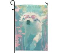 Bandiera estiva subacquea da giardino per cani, cucciolo bianco con occhiali, striscione decorativo per la casa, bandiera da cortile su entrambi i lati, decorazione per esterni, 30,5 x 45,7 cm