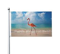 Bandiera festiva double-face con fenicottero rosa che cammina sulla spiaggia, con occhielli, adatta per decorazioni per la casa e l'esterno