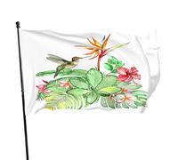 Bandiera floreale 3 x 5 FT acquerello uccello colibri fiore palma foglie Plumeria bandiere all'aperto grande benvenuto cortile banner casa giardino cortile prato decorazione verde rosa