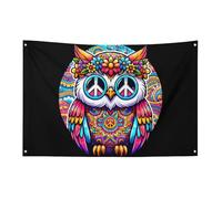 Bandiera floreale con gufo colorato con occhiali e simbolo della pace, 3x5 piedi, striscione da giardino con 4 fori, decorazione per interni ed esterni.