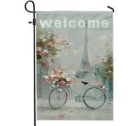 Bandiera floreale da giardino con bicicletta di benvenuto, bandiera blu parigina con fiori parigini per esterni, bandiera su entrambi i lati in iuta per prato decorazione primaverile estiva 30,5 x