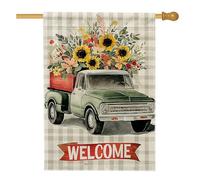 Bandiera floreale da giardino con camion di benvenuto, pick-up verde con girasoli decorazione per la casa primaverile, striscione su entrambi i lati per la decorazione del prato esterno 71 x 101 cm