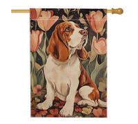 Bandiera floreale da giardino con cane beagle, fiori di tulipani in stile vintage, decorazione per la casa, in iuta su entrambi i lati, decorazione per esterni, prato, vacanze, feste, 71 x 101 cm