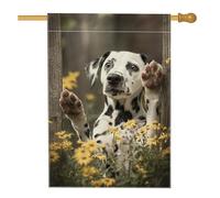 Bandiera floreale da giardino con cane dalmata, cucciolo bianco nero con fiori di campo gialli, striscione decorativo per la casa, decorazione a doppia faccia per esterni per cortile 71 x 101 cm