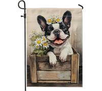 Bandiera floreale da giardino con cani francesi primaverili ed estivi, decorazione per la casa e per esterni, bandiera da giardino in iuta su entrambi i lati, decorazione per prato, 30,5 x 45,7 cm