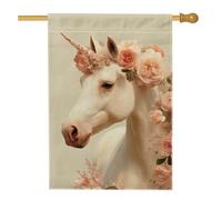 Bandiera floreale da giardino con cavallo magico primaverile, striscione floreale bianco decorativo, bandiera su entrambi i lati in iuta da cortile per esterni, decorazione per feste, 71 x 101 cm