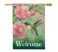 Bandiera floreale da giardino con colibrì primaverile ed estate, striscione di benvenuto con fiori di pesco, decorazione per la casa all'aperto su entrambi i lati, decorazione per prato per vacanze e