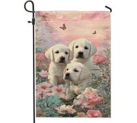 Bandiera floreale da giardino con cuccioli, cani labrador pesca e farfalle, decorazione per esterni, bandiera bifacciale in iuta per cortile per primavera estate decorazione prato 30,5 x 45,7 cm