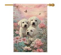 Bandiera floreale da giardino con cuccioli, cani labrador pesca e farfalle, decorazione per esterni, bandiera bifacciale in iuta per cortile per primavera estate decorazione prato 71 x 101 cm