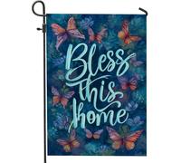 Bandiera floreale da giardino con farfalla, blu vivace Bless This Home Decor Banner, double face juta primavera decorazione per prato esterno 30,5 x 45,7 cm