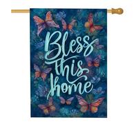 Bandiera floreale da giardino con farfalla, blu vivace Bless This Home Decor Banner, double face juta primaverile decorazione per prato esterno 71 x 101 cm