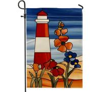 Bandiera floreale da giardino con faro estivo, fiori rossi e blu, decorazione per esterni, striscione in iuta su entrambi i lati, per decorazione del prato e delle vacanze, 30,5 x 45,7 cm