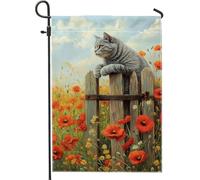 Bandiera floreale da giardino con gatto, design con papavero grigio per decorazione estiva all'aperto, striscione in iuta su entrambi i lati per casa e prato, decorazione per le vacanze degli amanti