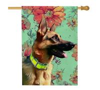 Bandiera floreale da giardino con pastore tedesco, fiori colorati verdi per cani, decorazione per la casa, double face, decorazione per prato esterno, 71 x 101 cm