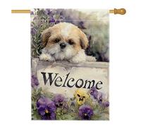 Bandiera floreale da giardino con scritta "Spring Welcome", motivo cucciolo di cane Shih Tzu, striscione su entrambi i lati, decorazione per la casa, decorazione stagionale per esterni, 71 x 101 cm