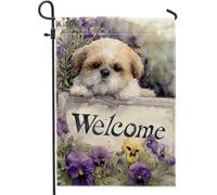 Bandiera floreale da giardino con scritta "Spring Welcome", motivo cucciolo di cane Shih Tzu, striscione su entrambi i lati, decorazione per la casa, decorazione stagionale per esterni, 30,5 x 45,7 cm