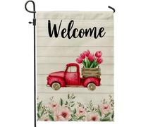 Bandiera floreale da giardino con scritta "Welcome Spring", motivo camion vintage rosso con tulipani, striscione decorativo per la casa, bandiera da cortile in iuta su entrambi i lati, per decorazione