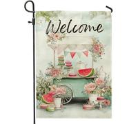 Bandiera floreale da giardino con scritta "Welcome Summer", supporto per torta a forma di anguria, stile vintage, decorazione per esterni e cortile, a doppia faccia, 30,5 x 45,7 cm