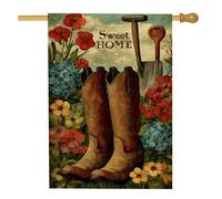 Bandiera floreale da giardino con stivali e strumenti, decorazione rustica per la casa di campagna, decorazione per prato esterno su entrambi i lati, ideale per striscione di benvenuto primaverile