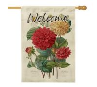 Bandiera floreale da giardino di benvenuto, bandiera rossa gialla con dalia, decorazione stagionale per esterni, bandiera da giardino in iuta su entrambi i lati, bandiera primaverile estiva per feste