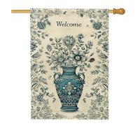 Bandiera floreale da giardino di benvenuto, blu vintage per vasi di fiori, striscione per cortile, decorazione per la casa per la primavera all'aperto, decorazione per prato, 71 x 101 cm