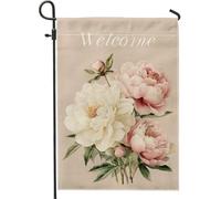 Bandiera floreale da giardino di benvenuto, peonia pesca morbida primavera estate decorazione per la casa, bandiera su entrambi i lati in iuta da cortile decorazione per prato esterno 30,5 x 45,7 cm