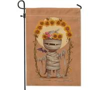 Bandiera floreale da giardino di Halloween, mummia marrone con girasoli per la decorazione della casa, bandiera su entrambi i lati in iuta da cortile decorazione per prato esterno 30,5 x 45,7 cm