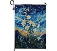 Bandiera floreale da giardino, gigli bianchi su cielo notturno blu, decorazione per esterni, bandiera da cortile in iuta su entrambi i lati per la decorazione della casa primaverile ed estate