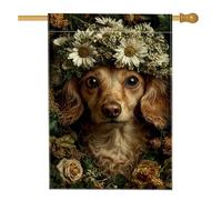 Bandiera floreale da giardino per cani, canino marrone con crisantemo, decorazione per esterni reale, in iuta su entrambi i lati, per la primavera e l'estate, decorazione da giardino, 71 x 101 cm